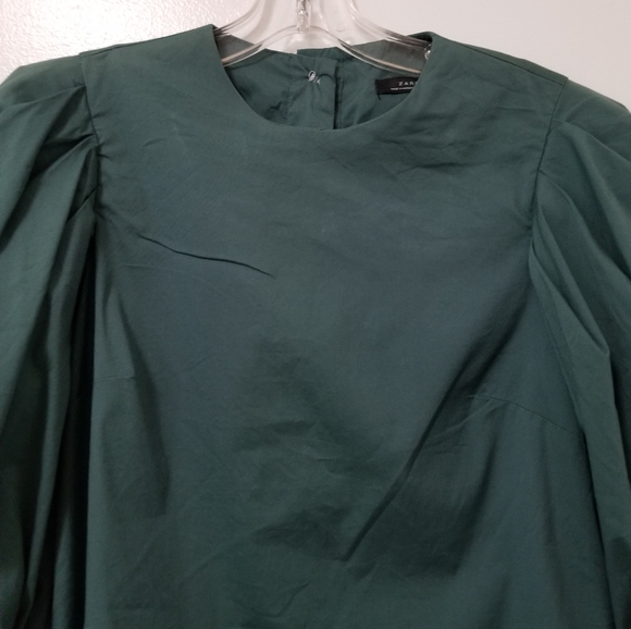 Zara Green Puff Sleeve Button Back Blouse Long Sleeve Cotton Poplin Size XS - Picture 3 of 11